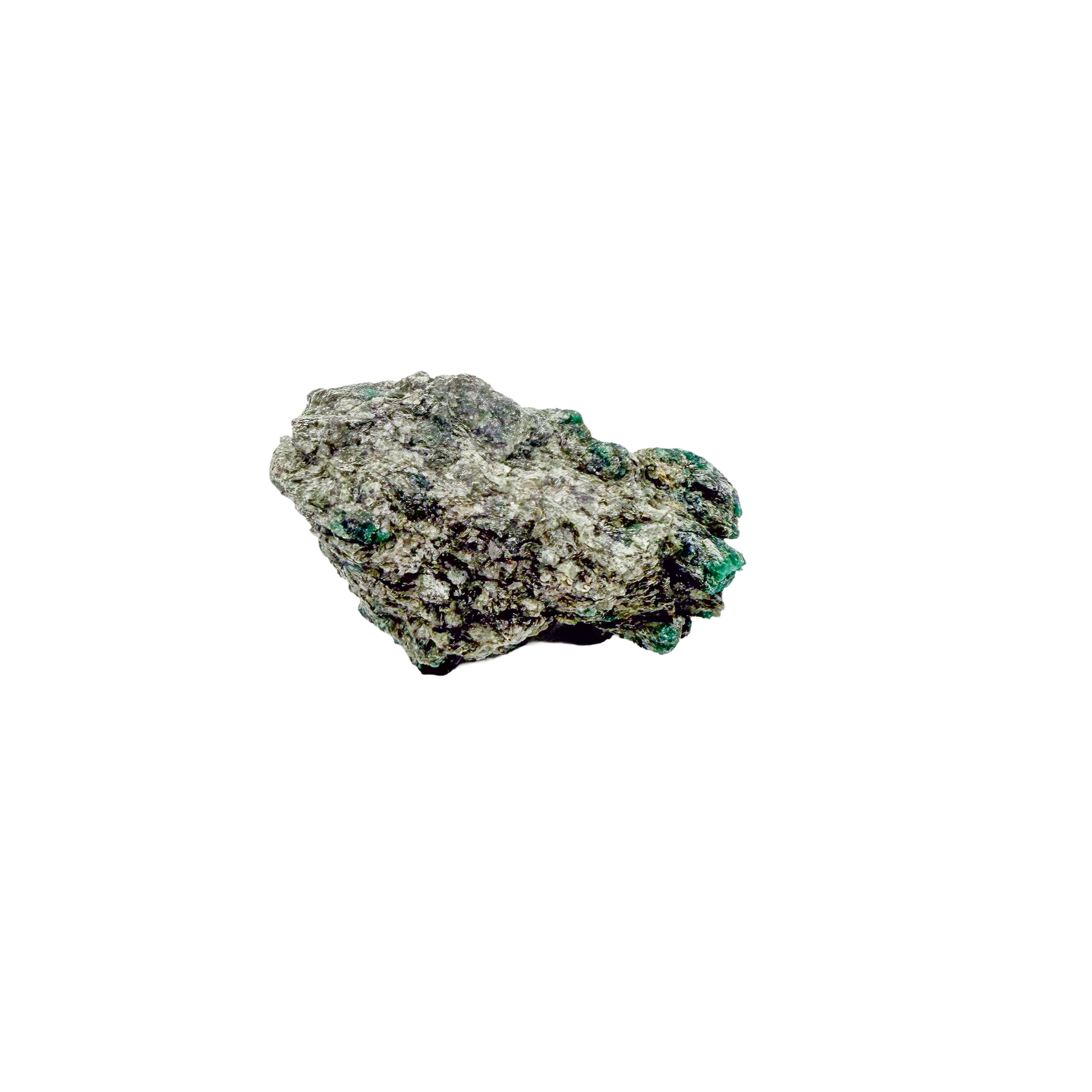 Raw emerald specimen, angled view of green beryl and silvery mica schist
