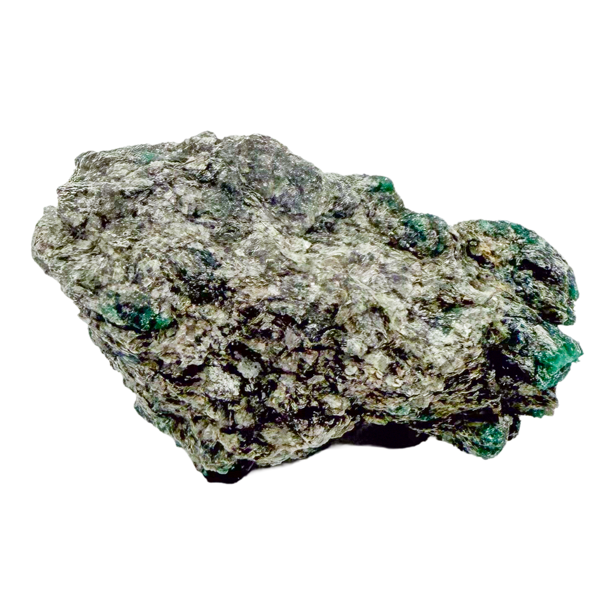 Raw emerald specimen, angled view of green beryl and silvery mica schist