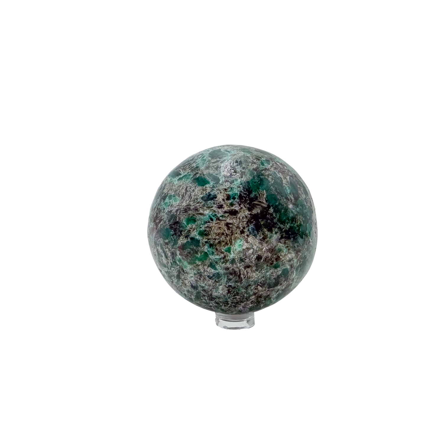 Reverse side of a hand-polished emerald sphere, 2.57 inches across, cut from Midlands Province, Zimbabwe material.