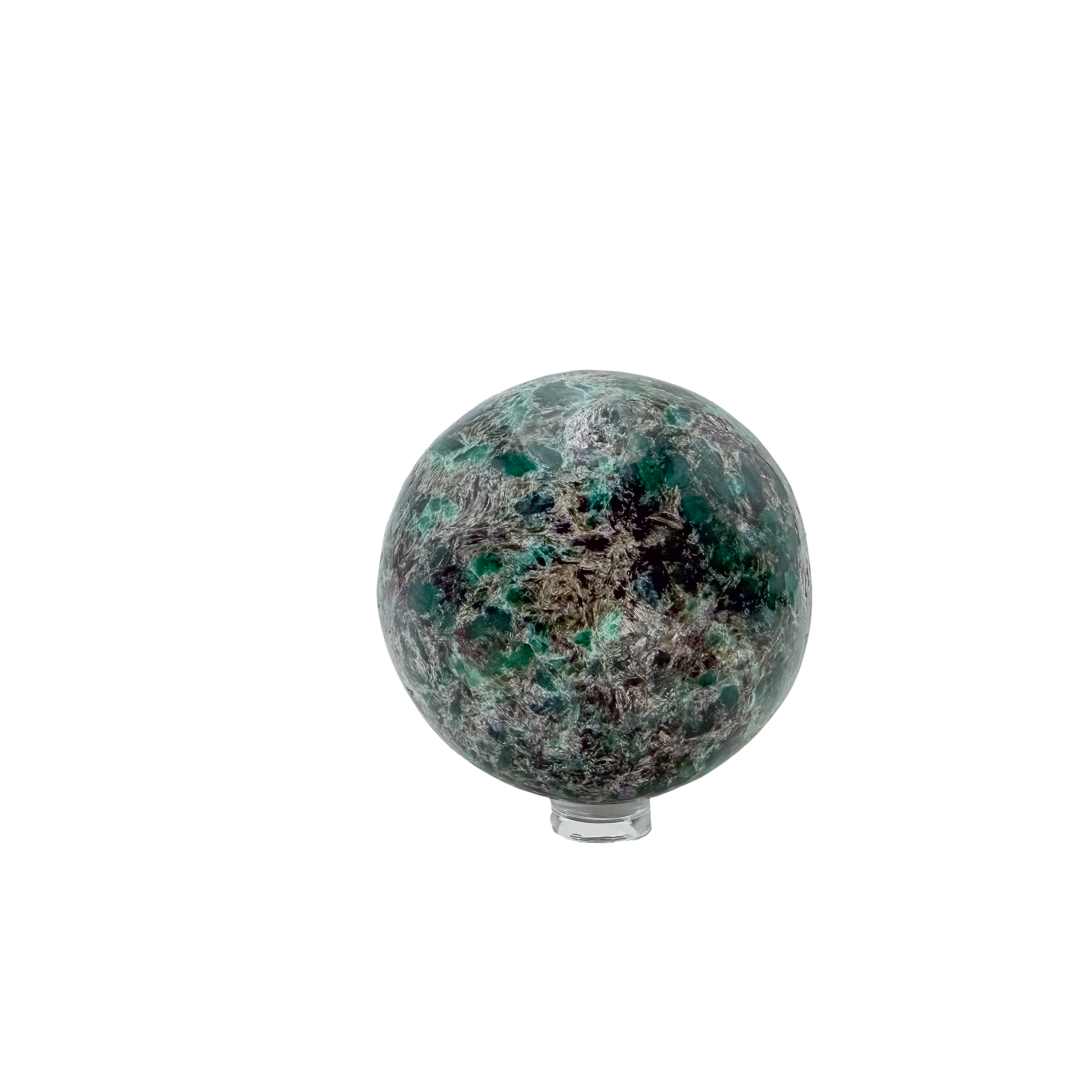 Reverse side of a hand-polished emerald sphere, 2.57 inches across, cut from Midlands Province, Zimbabwe material.