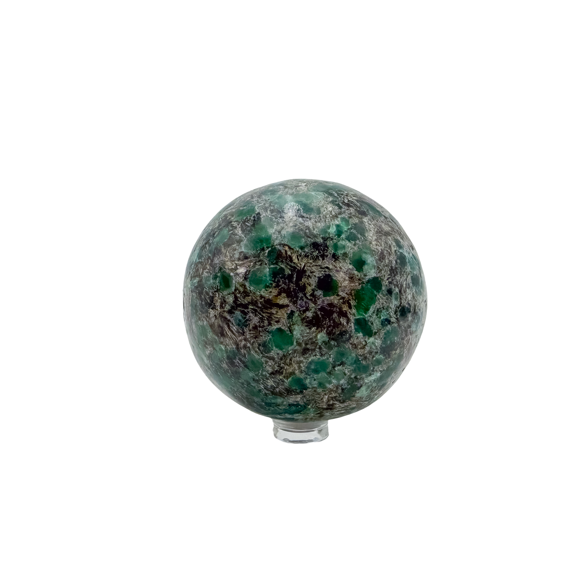 Emerald sphere photographed from the right profile, 2.57 in diameter, natural and untreated.