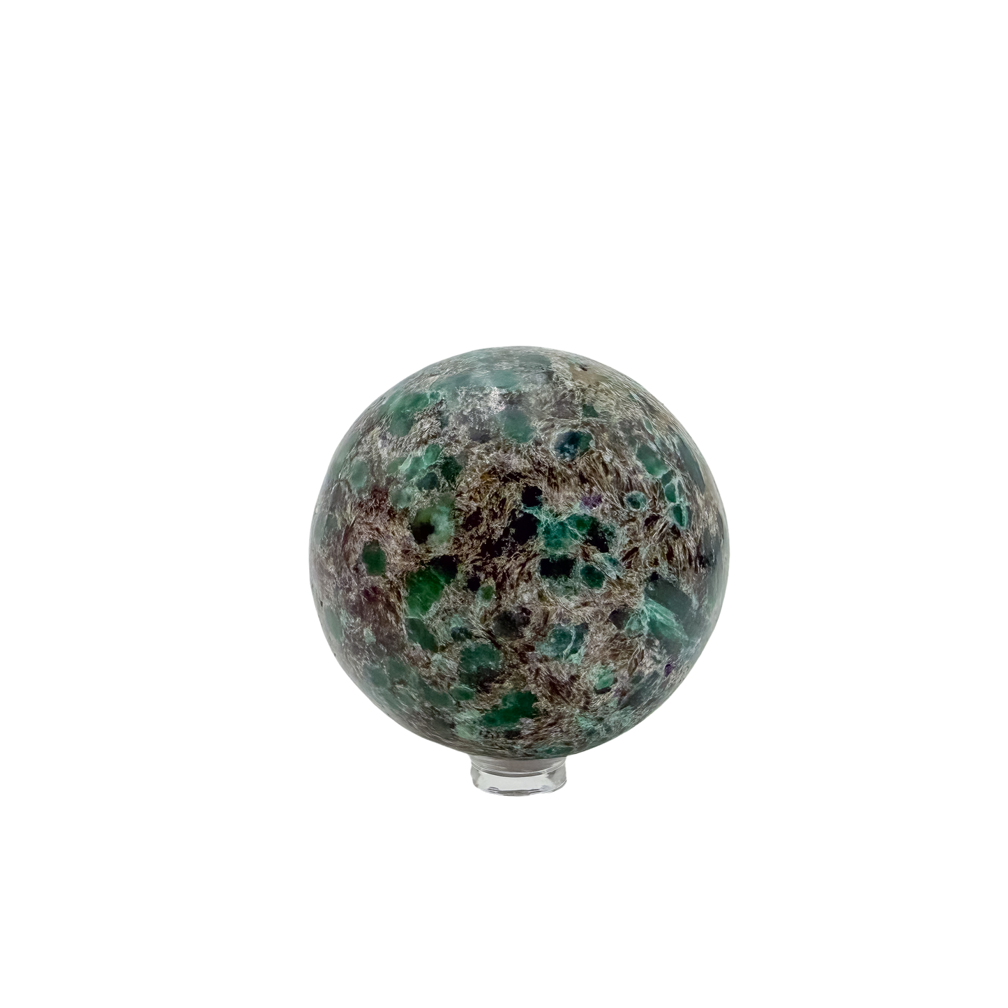 Top-down view of emerald sphere no. 3, 65.3 mm across, hand-cut in Zimbabwe.