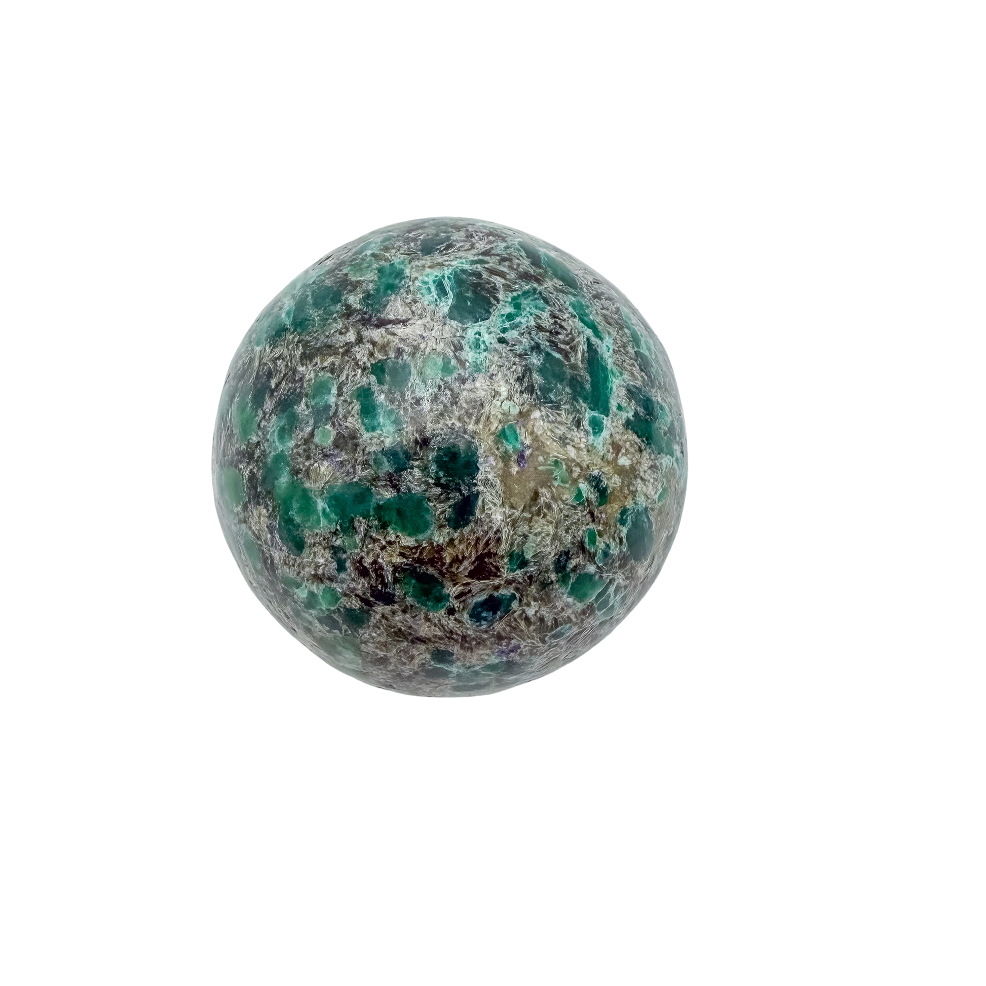 Polished emerald orb seen at the angled three-quarter view, 426 g, Mohs 7.5-8, one of a kind.