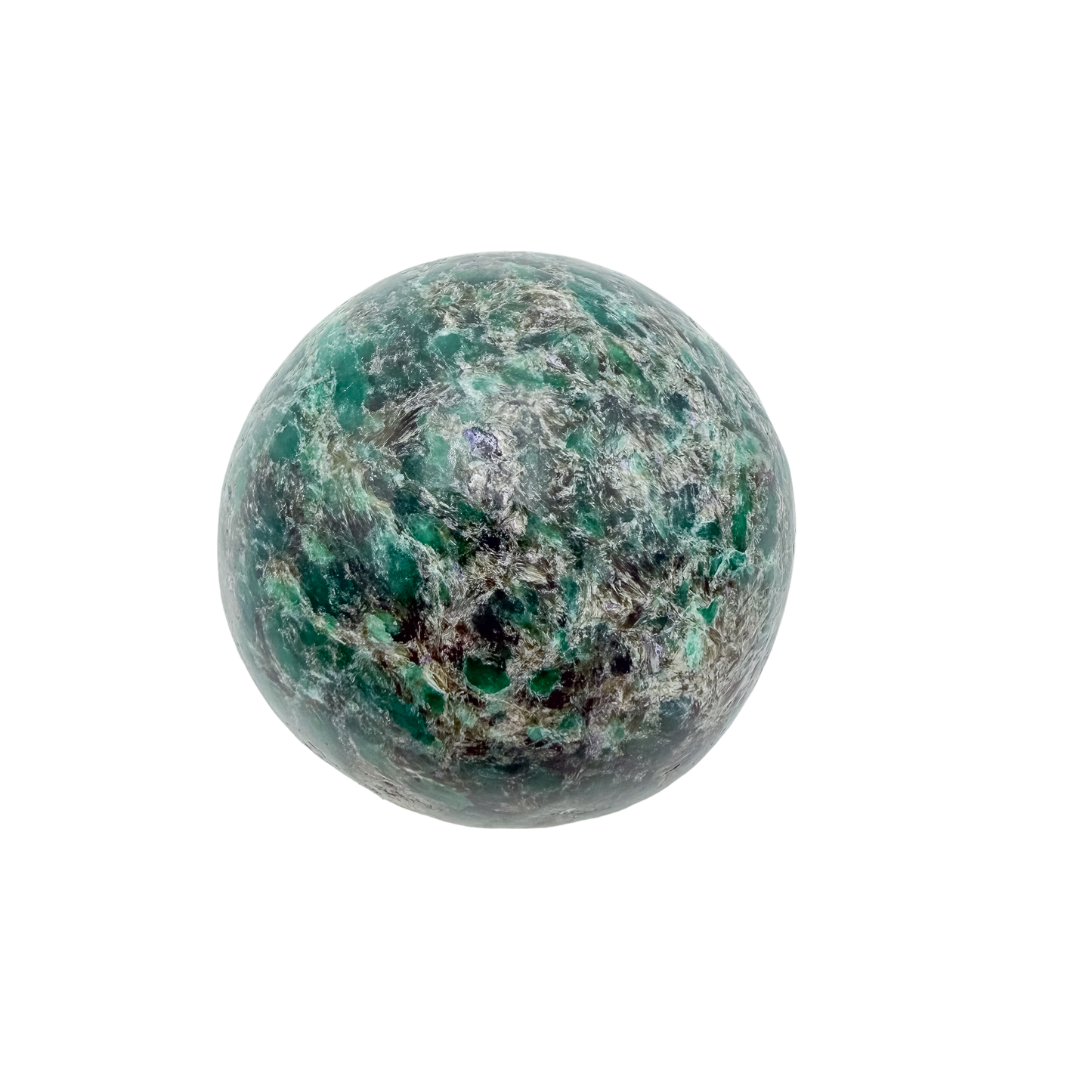 Emerald crystal sphere from Midlands Province, Zimbabwe, primary polished face, a 2.57 inch polished orb weighing 426 grams.