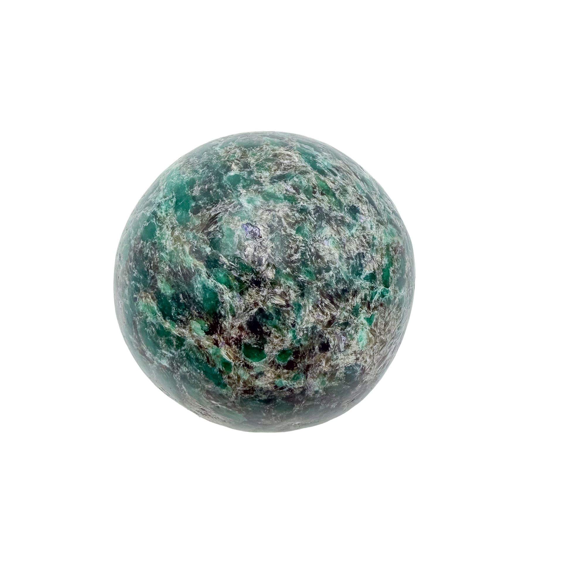 Emerald crystal sphere from Midlands Province, Zimbabwe, primary polished face, a 2.57 inch polished orb weighing 426 grams.