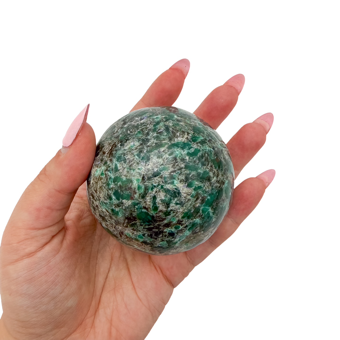 Emerald sphere no. 3 held in an open hand, showing the true scale of this 2.57 inch, 426 gram orb.