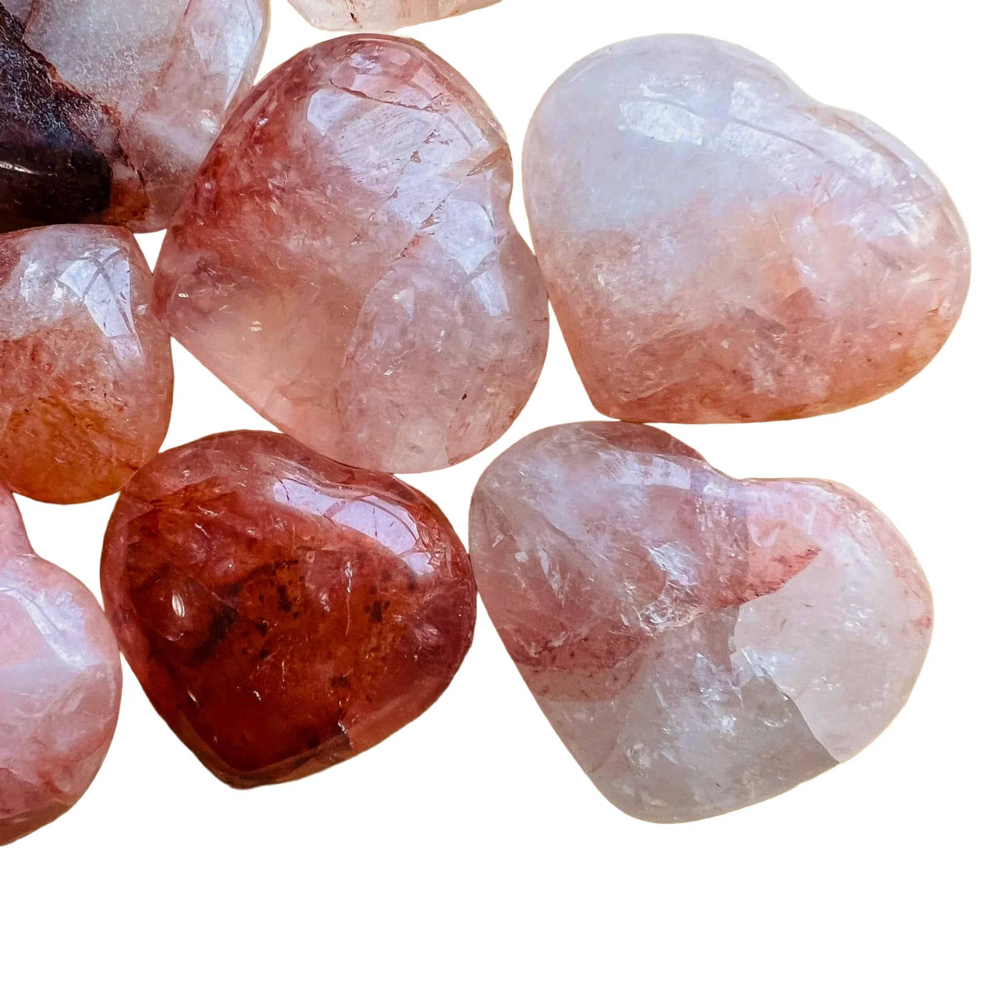 Aerial view of Fire Quartz polished heart, showing natural inclusions, Madagascar-sourced.