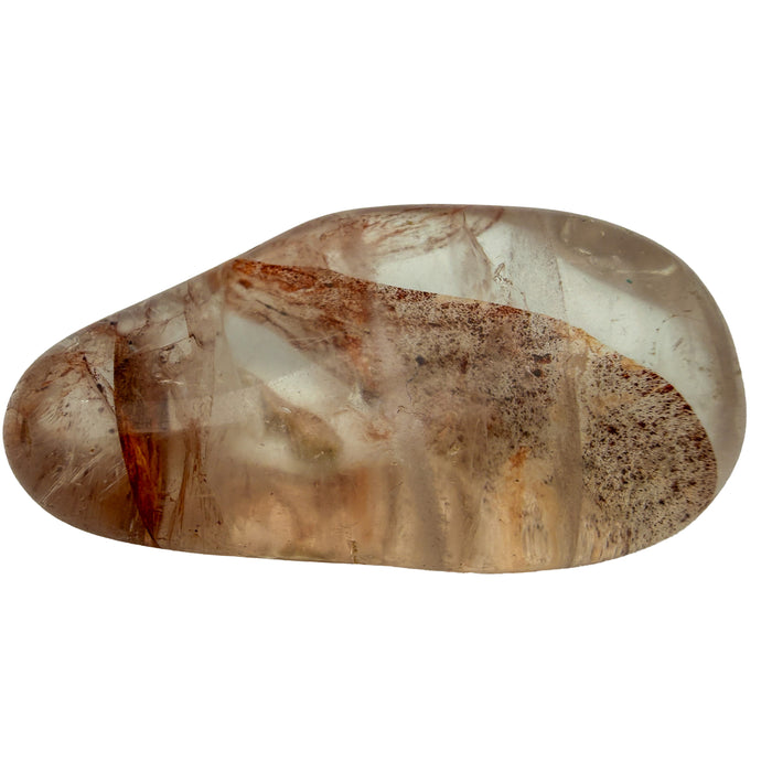 Fire Quartz Tumbled Stones, AA Grade, Madagascar: one tumbled stone on a white background, clear quartz with rust red hematite inclusions