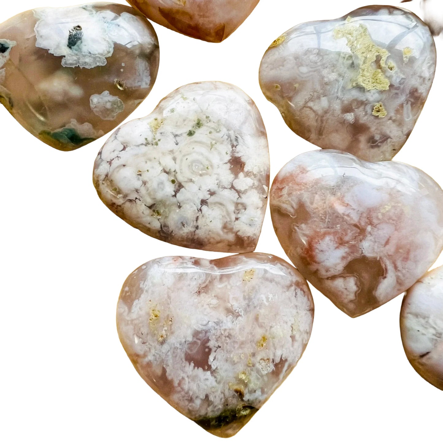 Looking down on Flower Agate polished heart, associated with Love.