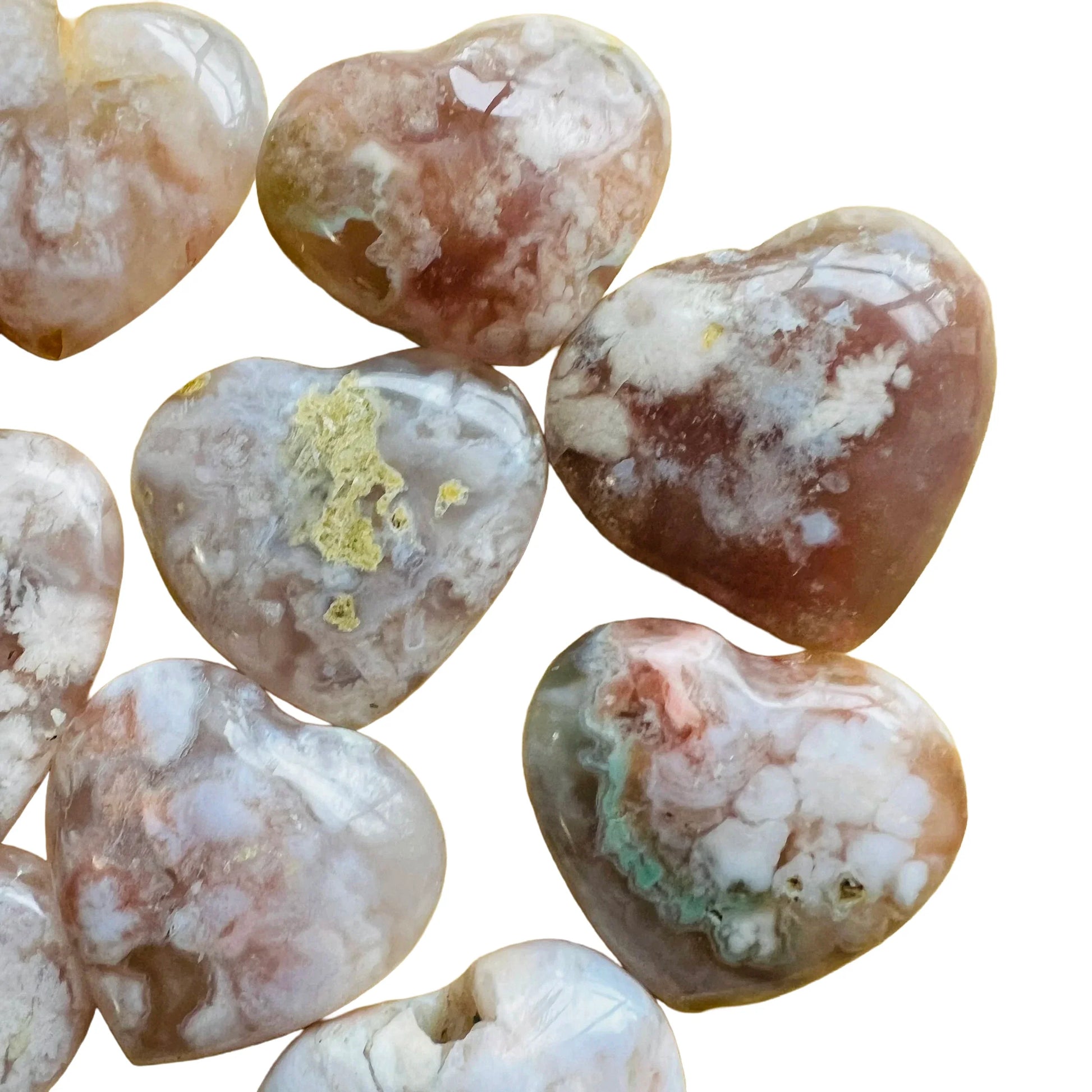 Reverse angle of Flower Agate polished heart, linked to Love and Emotional Healing, showing characteristic color.
