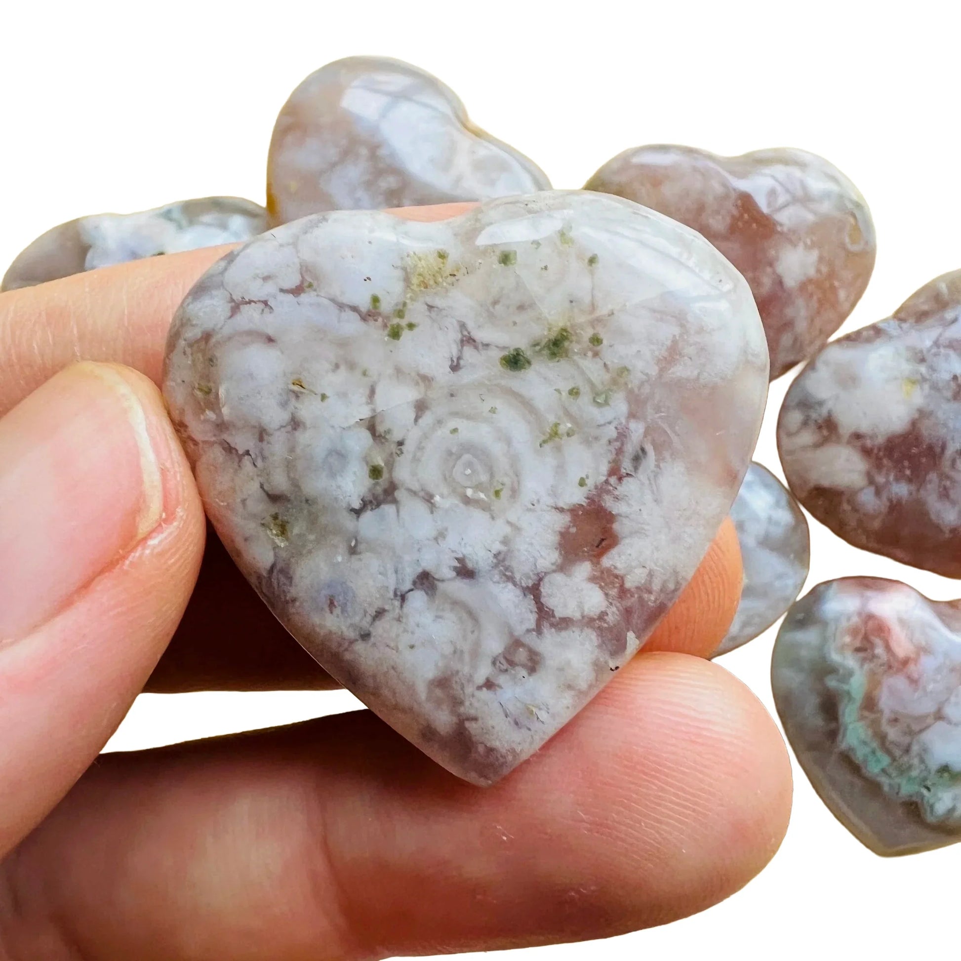 Back view of Grade AA Flower Agate heart showing natural surface