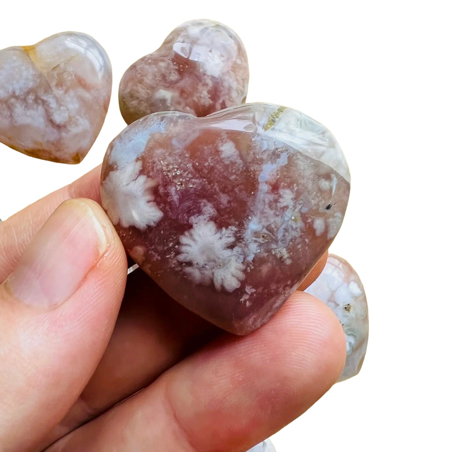 Full profile of Grade AA Flower Agate heart ready to ship from Beyond Bohemian