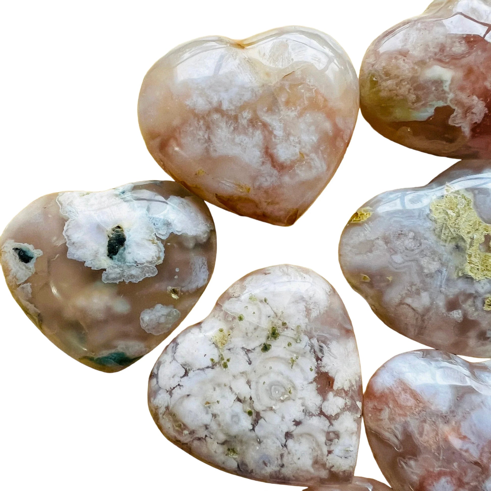 Full profile of Grade AA Flower Agate heart ready to ship from Beyond Bohemian