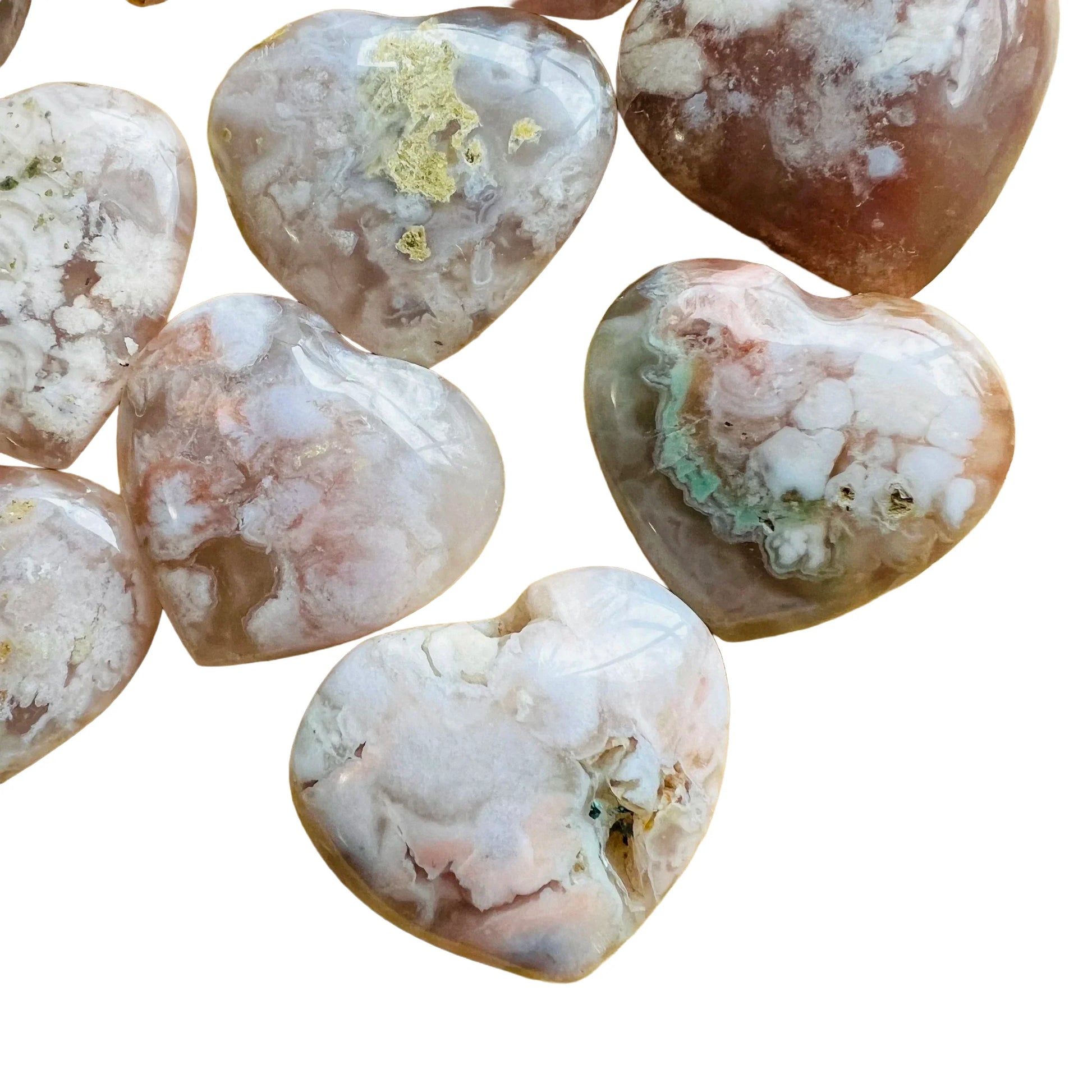 Full profile of Grade AA Flower Agate heart ready to ship from Beyond Bohemian