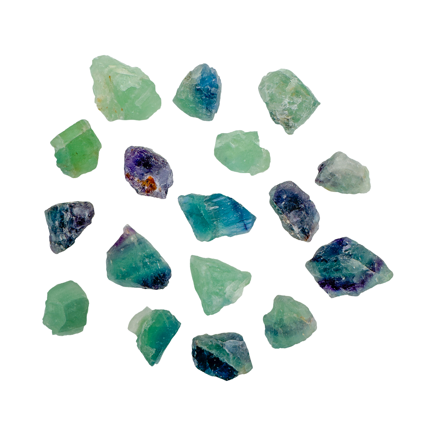 Fluorite raw stones, Grade AA, banded purple, green and clear, from Minas Gerais, Brazil