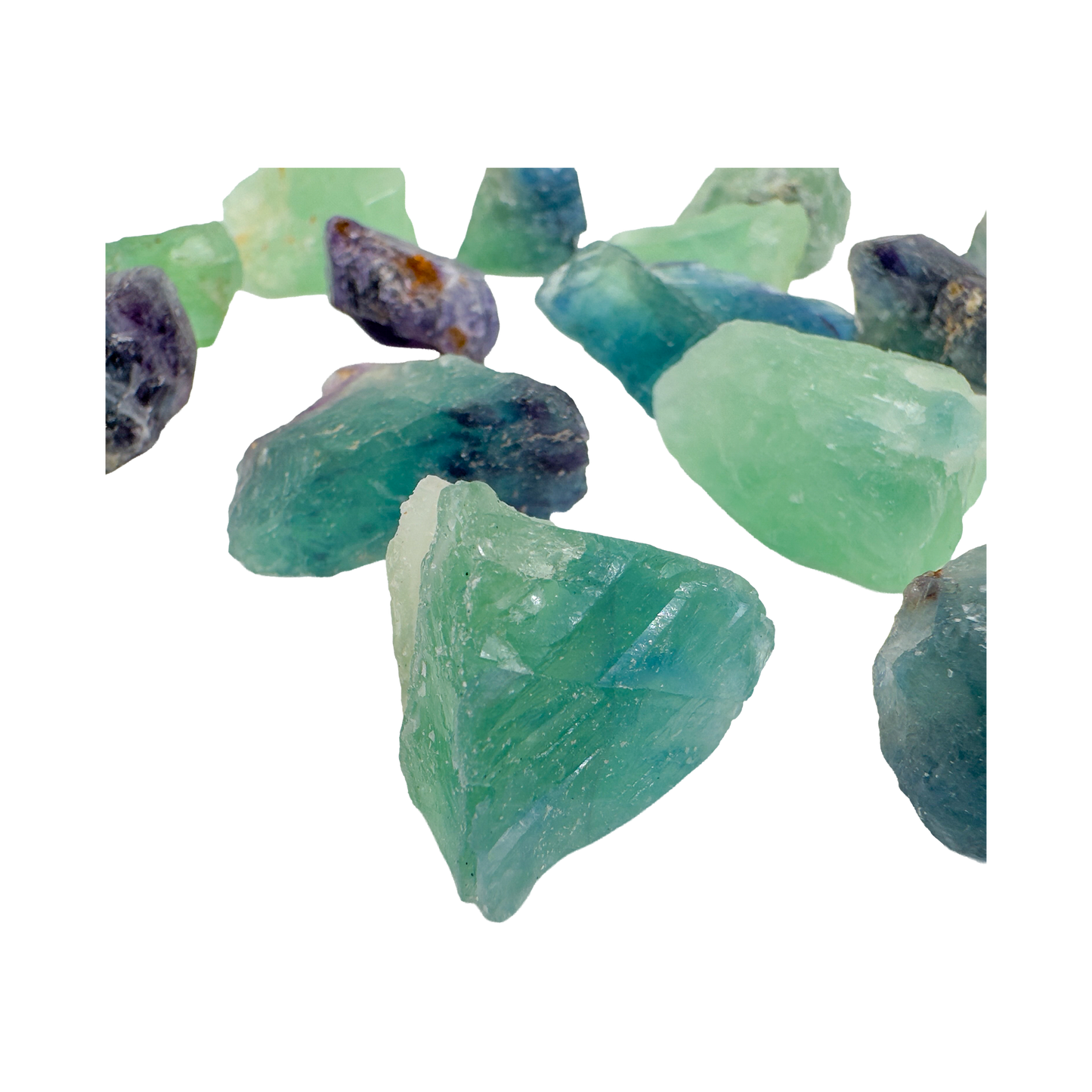 Grouping of raw Fluorite, Grade AA, translucent purple and green banding