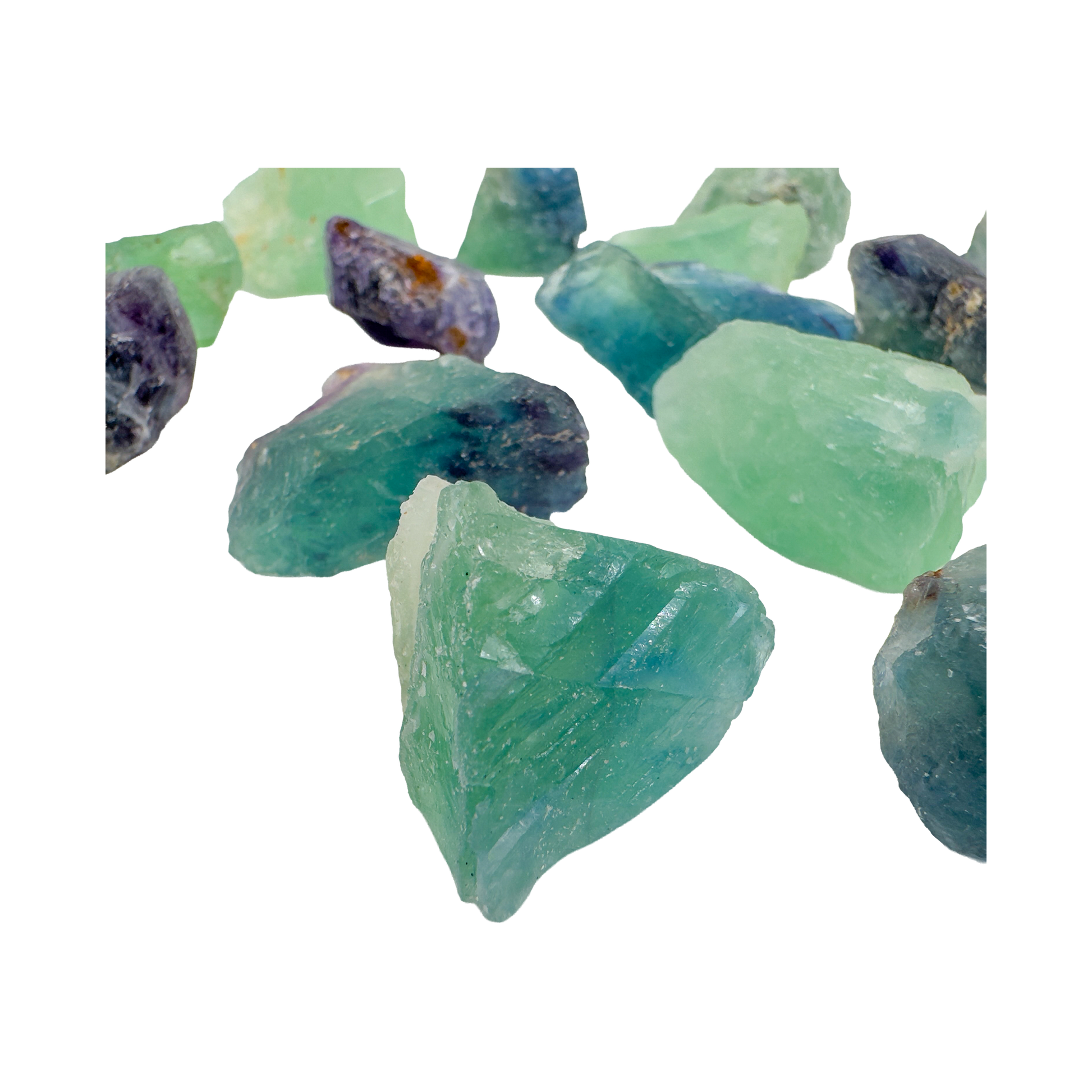 Grouping of raw Fluorite, Grade AA, translucent purple and green banding
