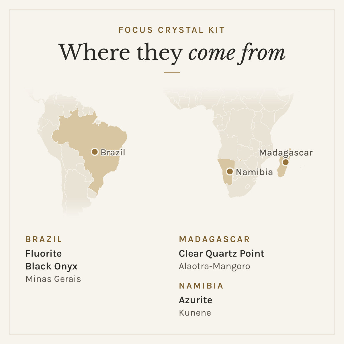 Map of where the stones in the Focus Crystal Kit come from: Brazil (fluorite and black onyx), Madagascar (clear quartz point) and Namibia (azurite)