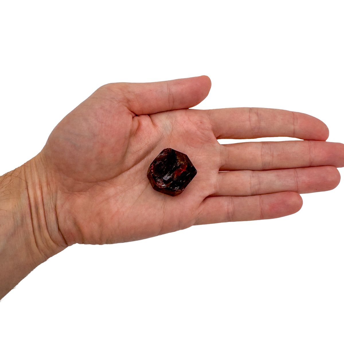 AA Grade Garnet raw crystal held in hand for scale, from Brazil