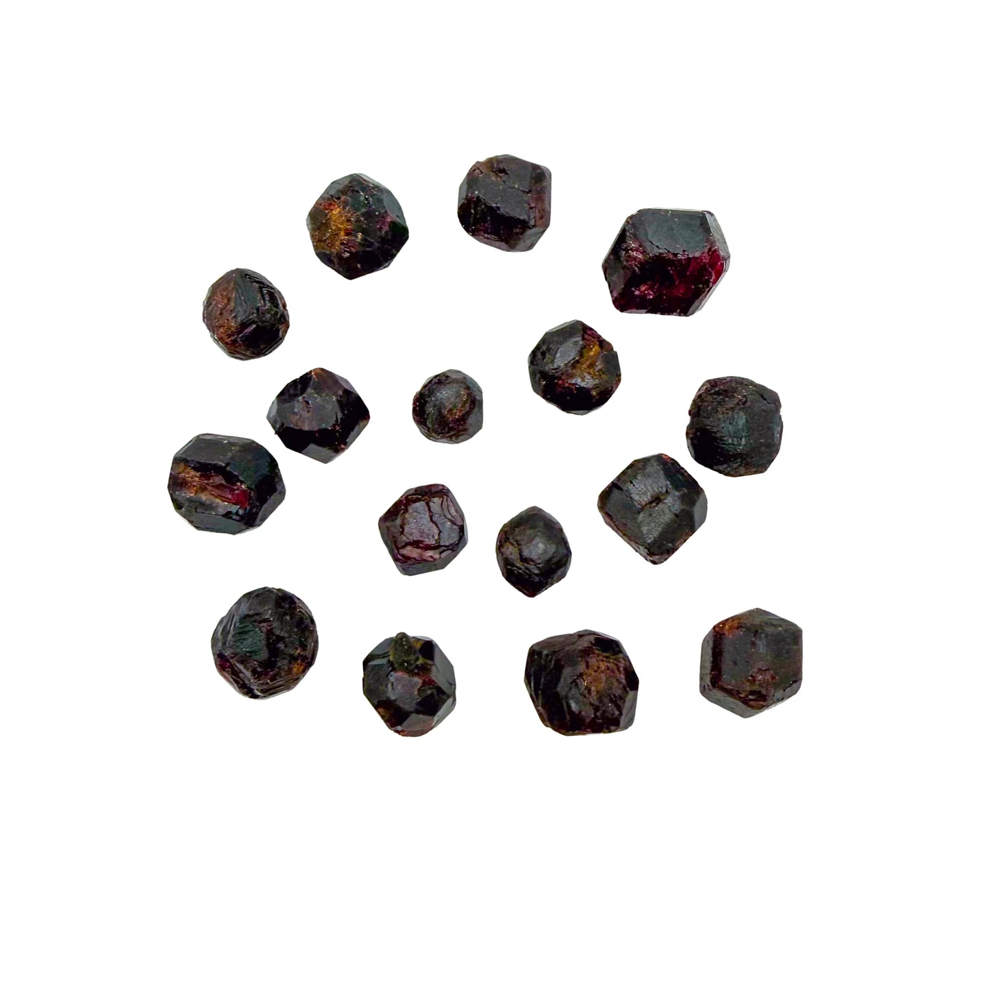 Full scatter of raw Garnet crystals, AA grade, 0.75 to 1.50 inch, from Minas Gerais, Brazil