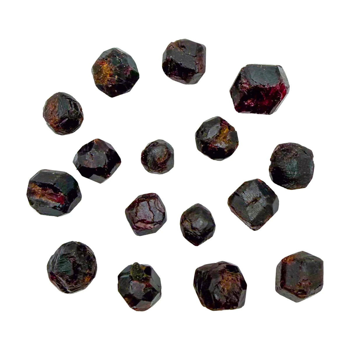 Full scatter of raw Garnet crystals, AA grade, 0.75 to 1.50 inch, from Minas Gerais, Brazil