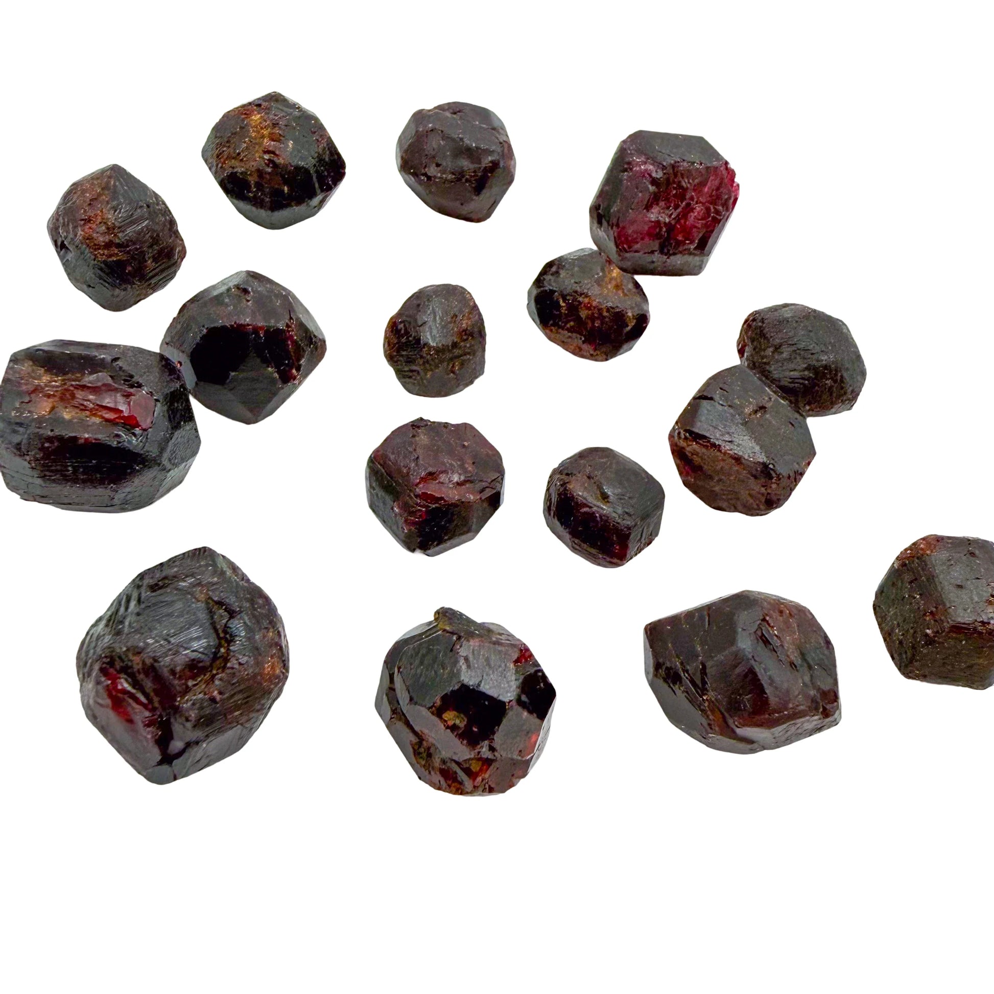 Raw Garnet crystals spread out, deep wine red with darker weathered outer surfaces