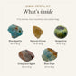 What's inside the Gemini Crystal Kit: blue apatite 20 to 50 g, natural citrine 10 to 30 g, serpentine 10 to 30 g, crazy lace agate 20 to 50 g, blue onyx 20 to 50 g, drawn in true proportion to each other