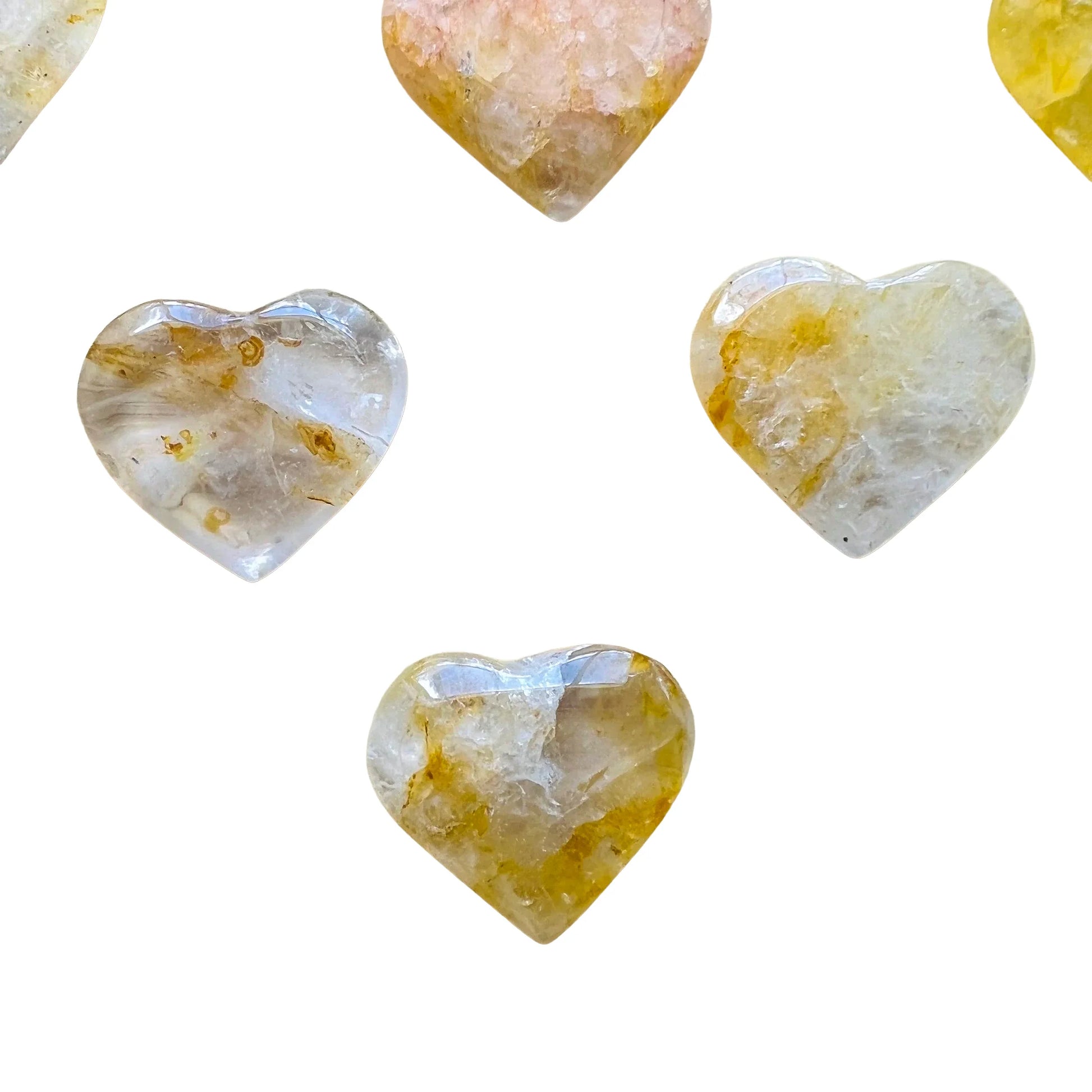 Aerial view of Golden Healer polished heart, Brazil-sourced, showing matte finish.