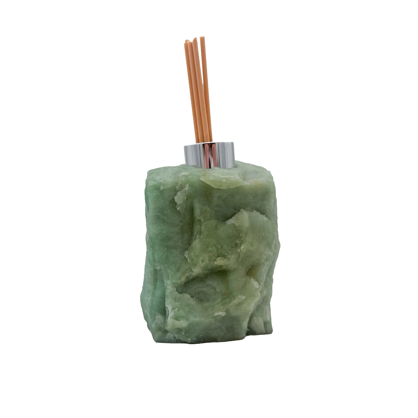 Green aventurine reed oil diffuser from Brazil, sage green stone block with chrome collar and reeds