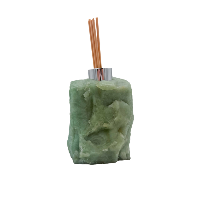 Green aventurine reed oil diffuser from Brazil, sage green stone block with chrome collar and reeds