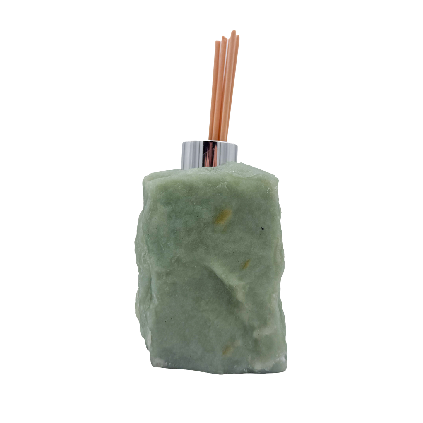 Green aventurine stone reed diffuser, rough jojoba finished exterior, Minas Gerais Brazil