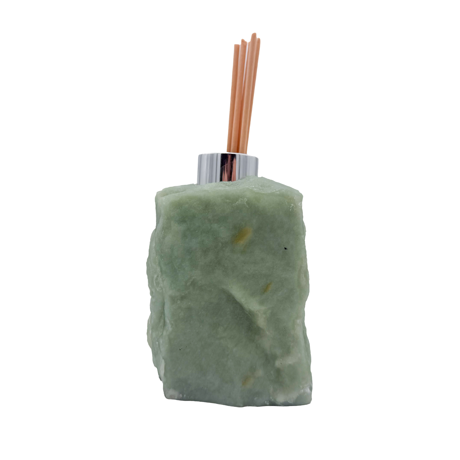 Green aventurine stone reed diffuser, rough jojoba finished exterior, Minas Gerais Brazil