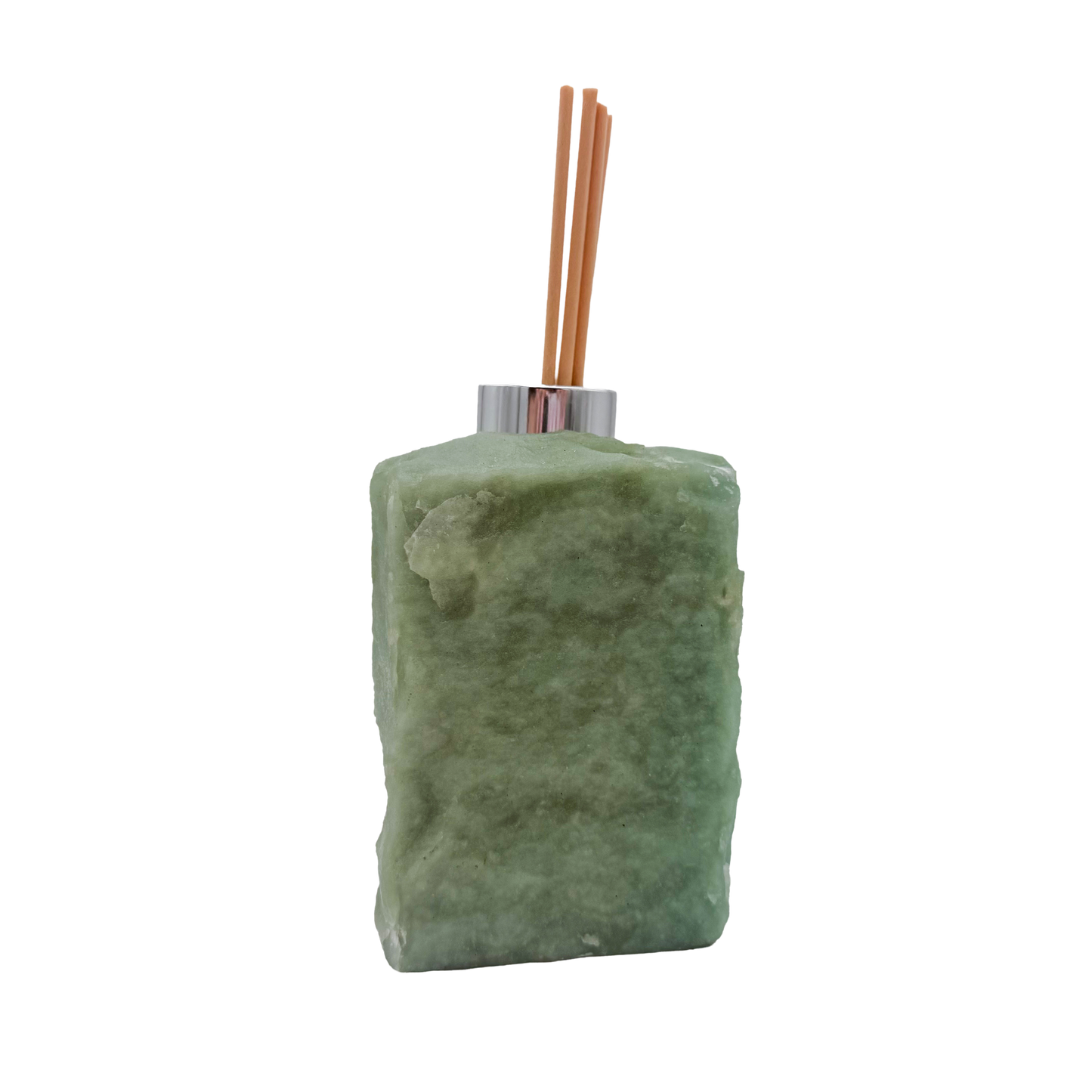 Green aventurine reed diffuser angled view showing fuchsite mica shimmer