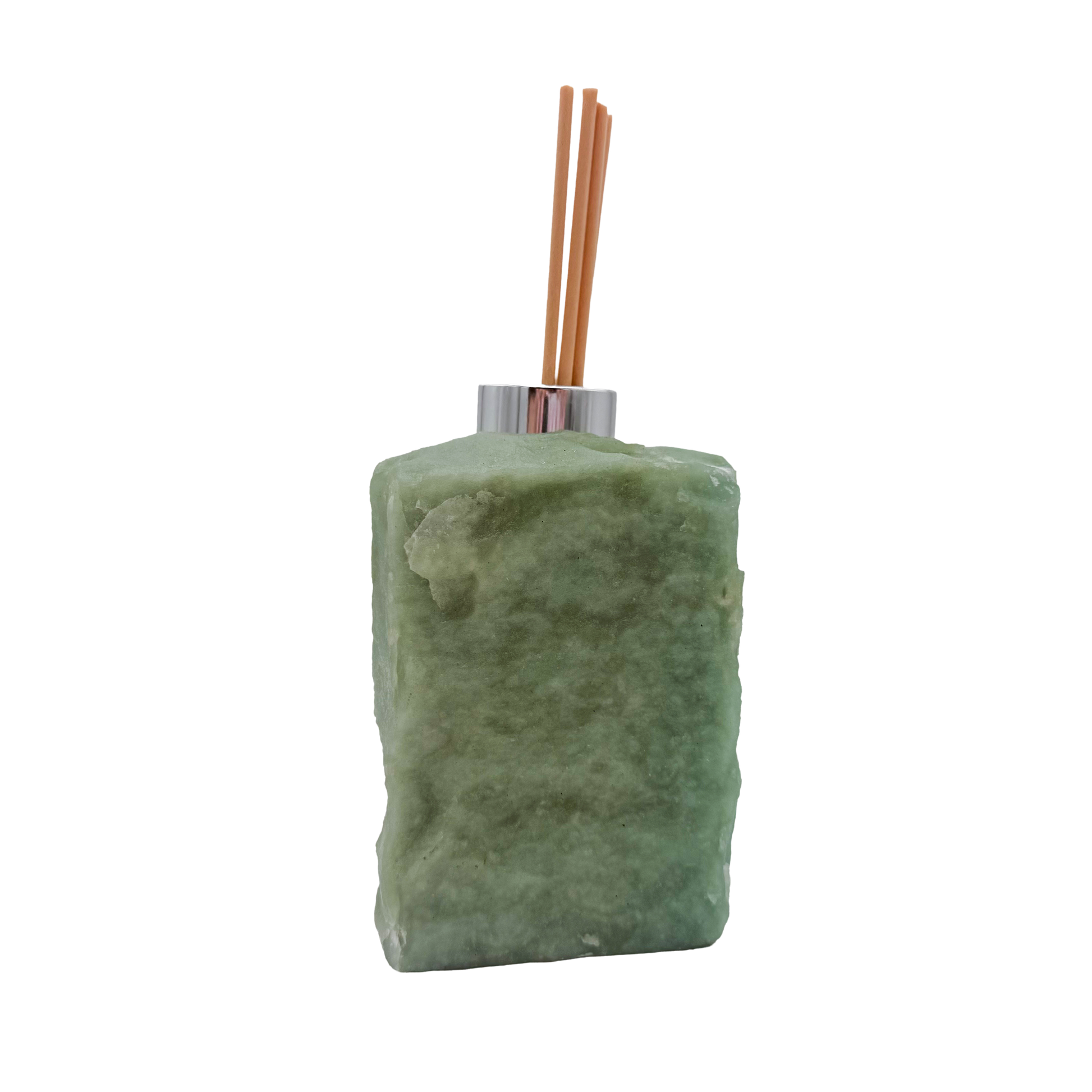Green aventurine reed diffuser angled view showing fuchsite mica shimmer