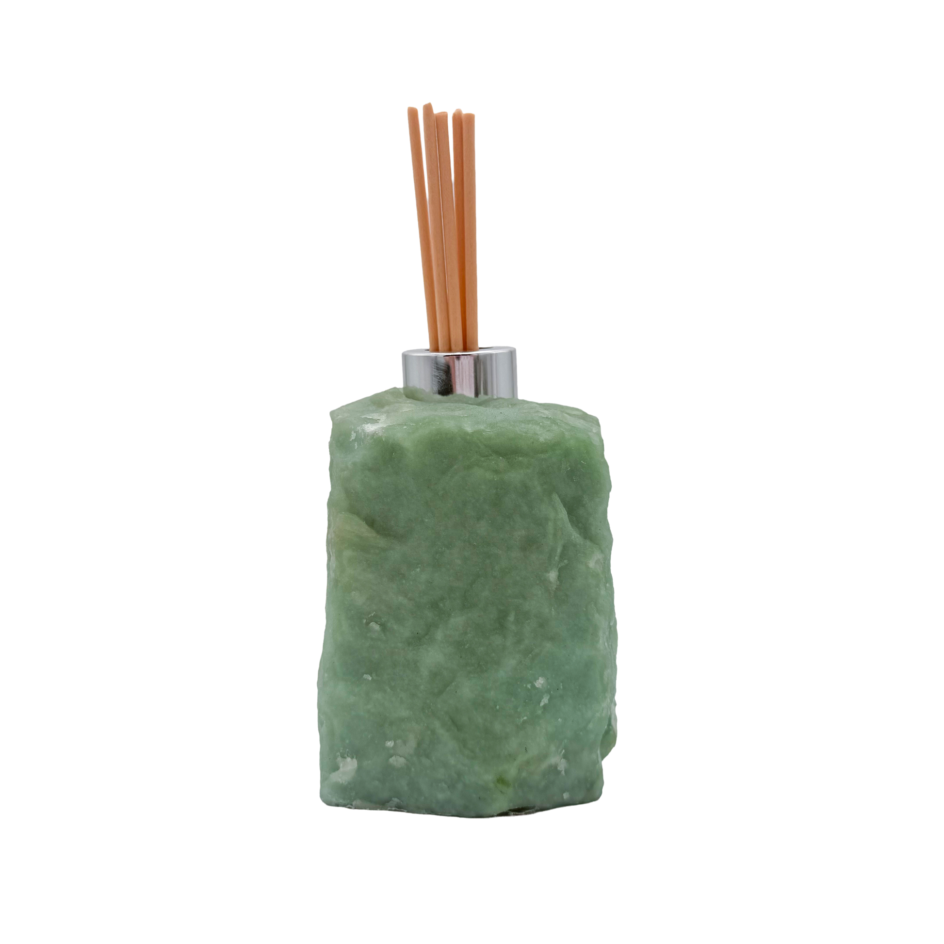 Green aventurine reed diffuser side profile, solid natural green quartz block