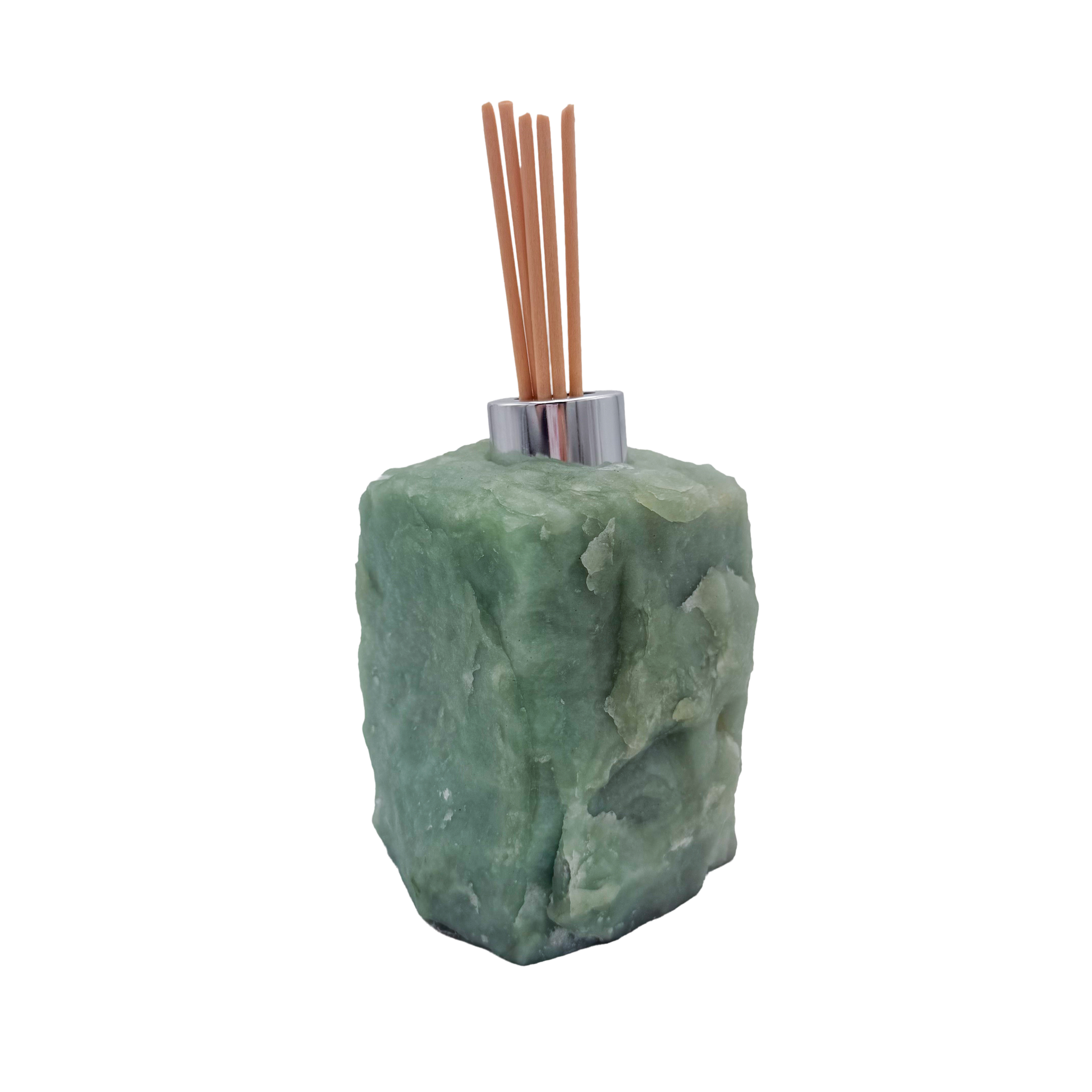 Green aventurine reed diffuser with the chrome collar and drilled opening at the top