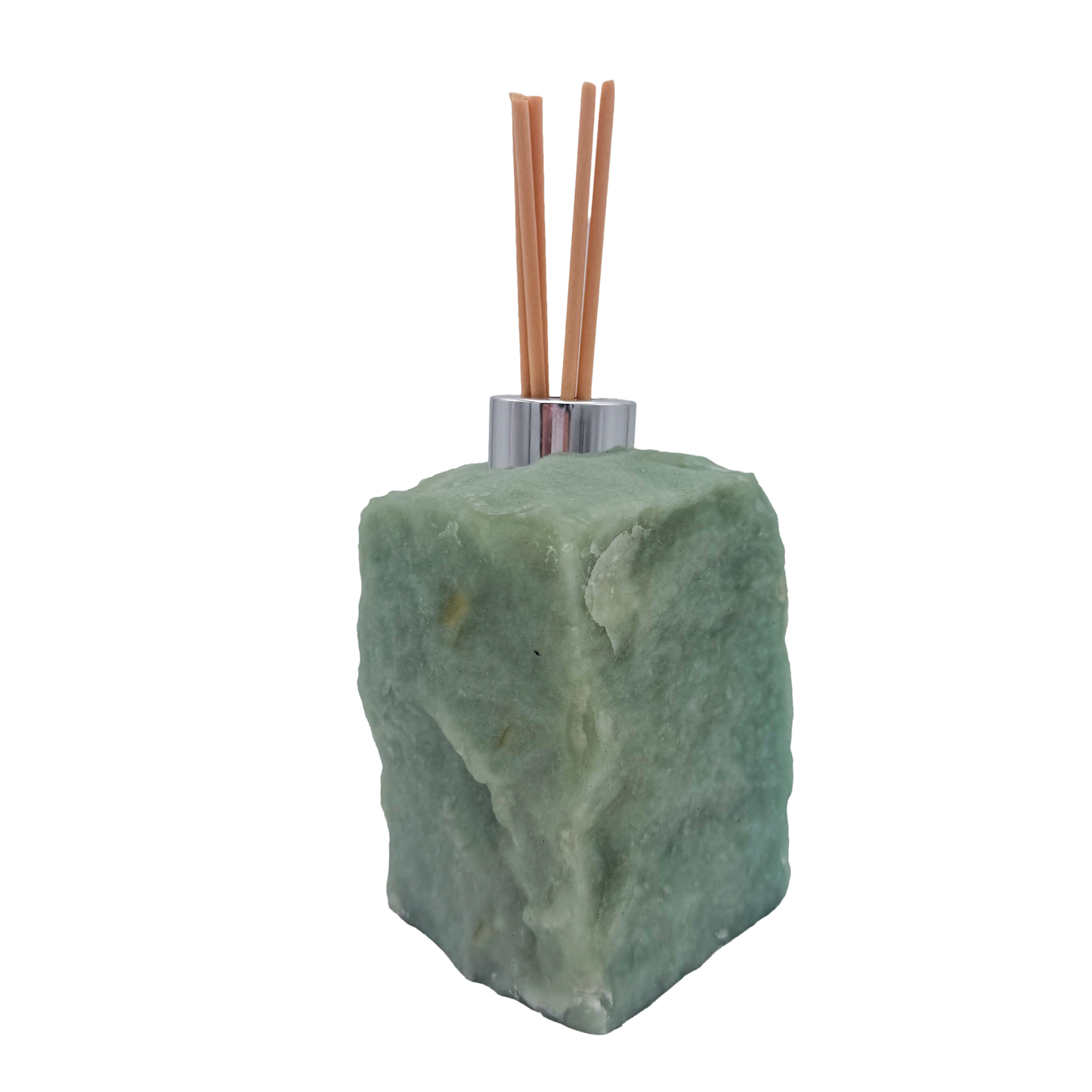 Green aventurine reed oil diffuser rear view, untreated sage green stone surface
