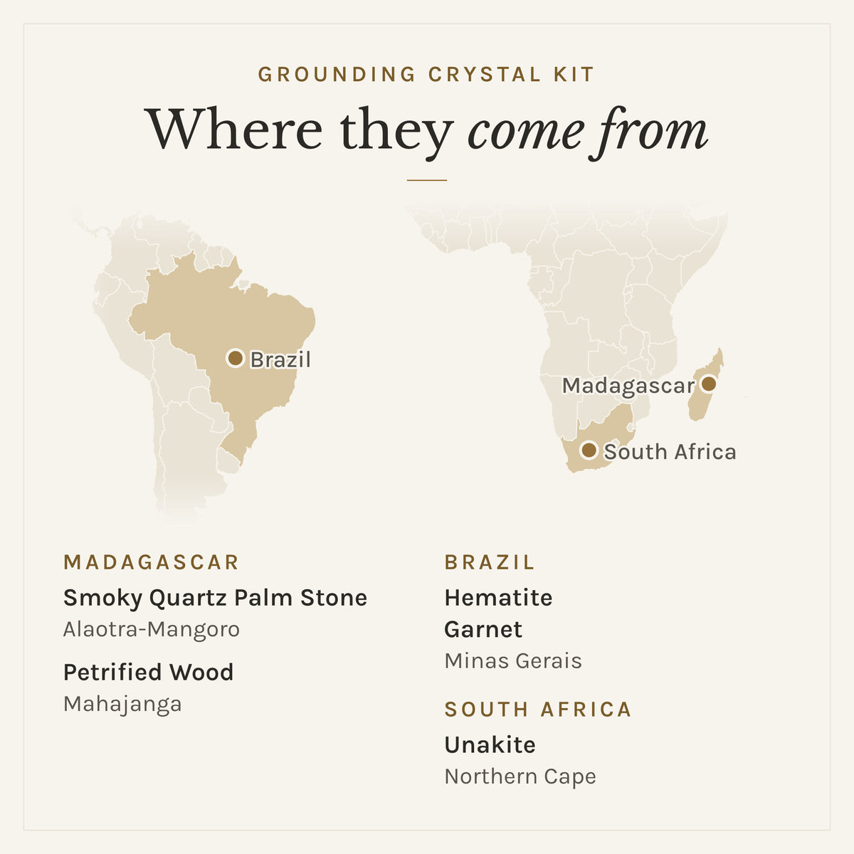 Map of where the stones in the Grounding Crystal Kit come from: Madagascar (smoky quartz palm stone and petrified wood), Brazil (hematite and garnet) and South Africa (unakite)