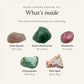 What's inside the Heart Chakra Crystal Kit: rose quartz 20 to 50 g, green aventurine 20 to 50 g, rhodonite 10 to 30 g, chrysoprase 20 to 50 g, pink opal 20 to 40 g, drawn in true proportion to each other