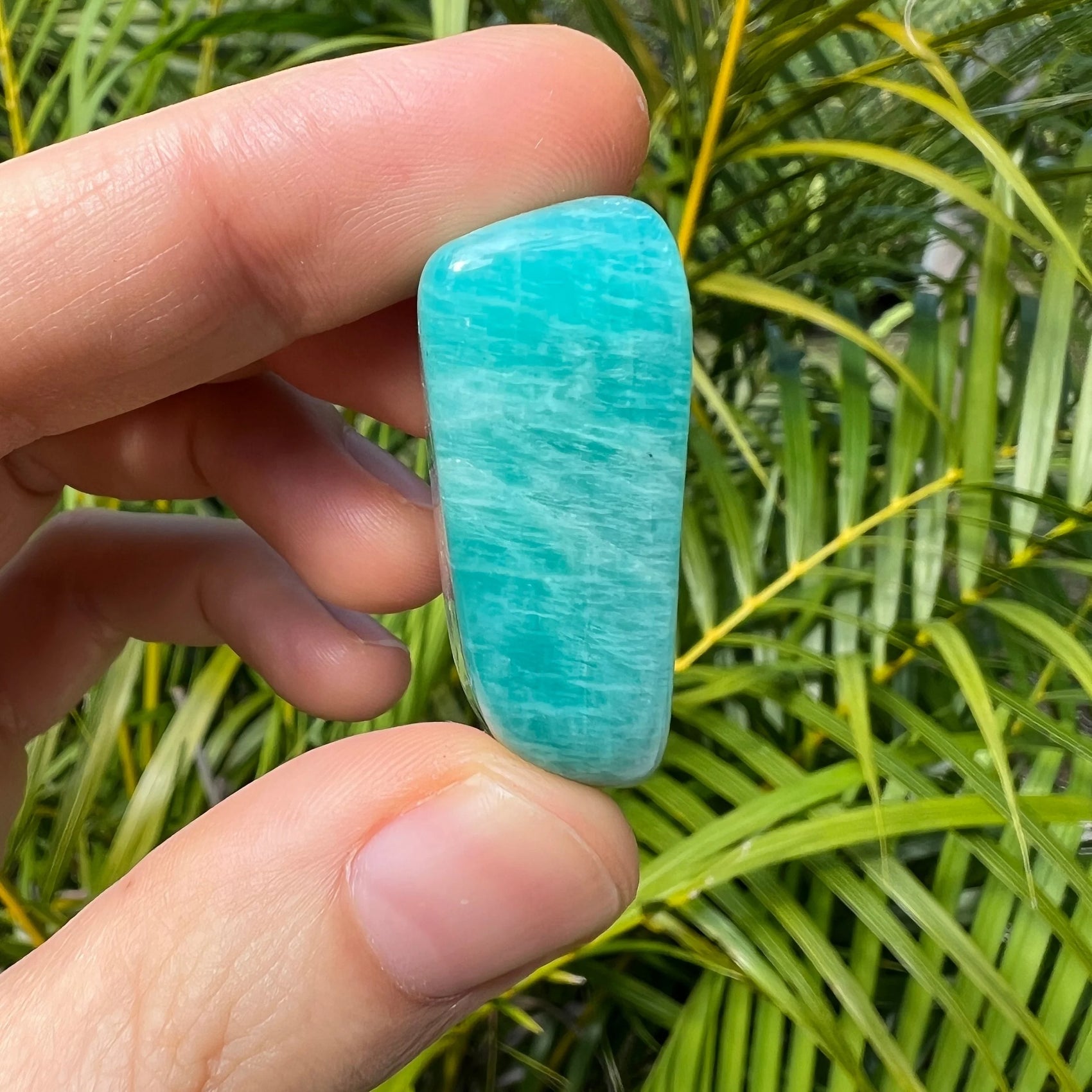 Back view of Grade AA Amazonite tumbled stone showing natural surface