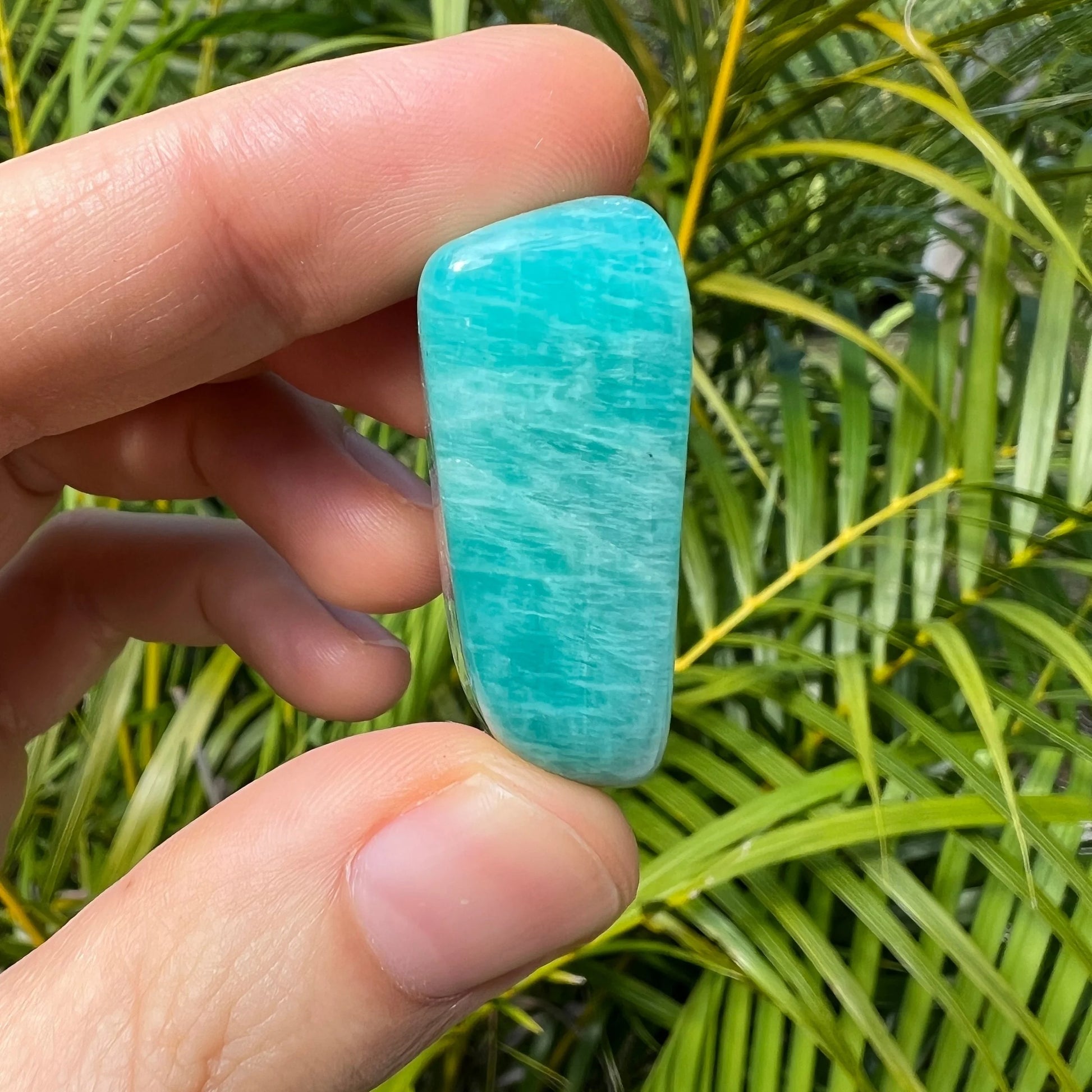 Back view of Grade AA Amazonite tumbled stone showing natural surface