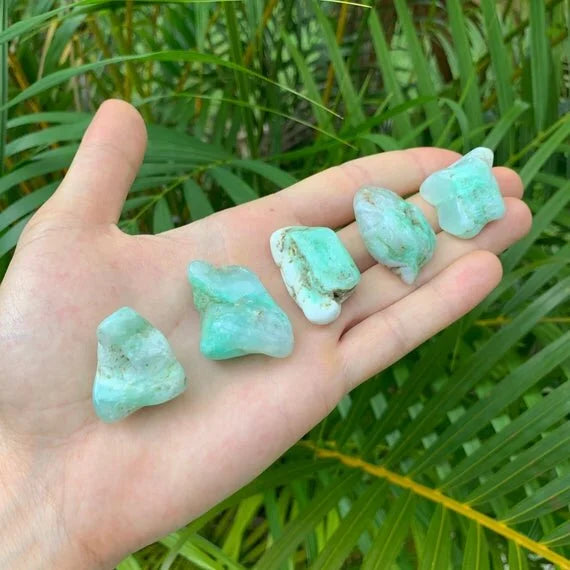Full profile of Grade A Chrysoprase tumbled stone ready to ship from Beyond Bohemian