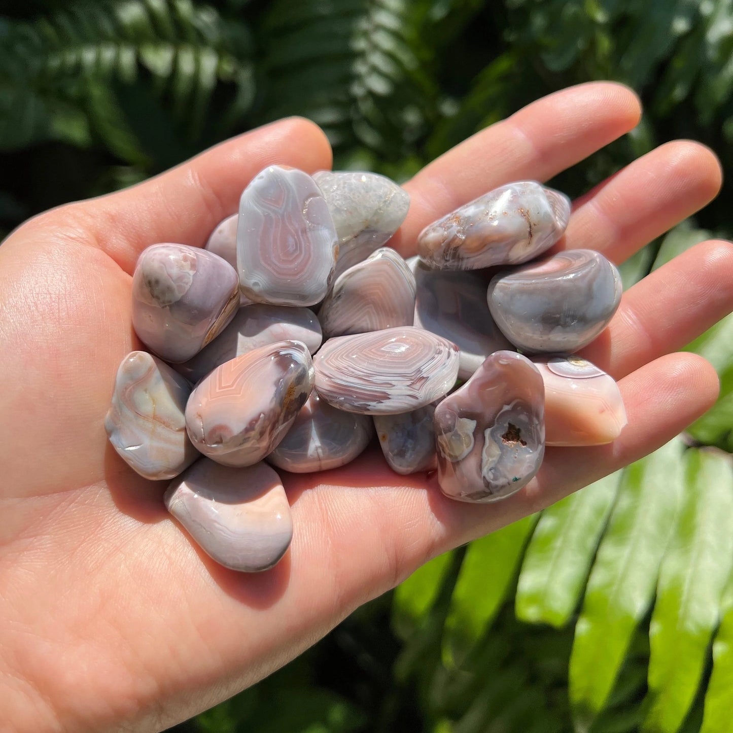 Full profile of Grade AA Pink Agate tumbled stone ready to ship from Beyond Bohemian