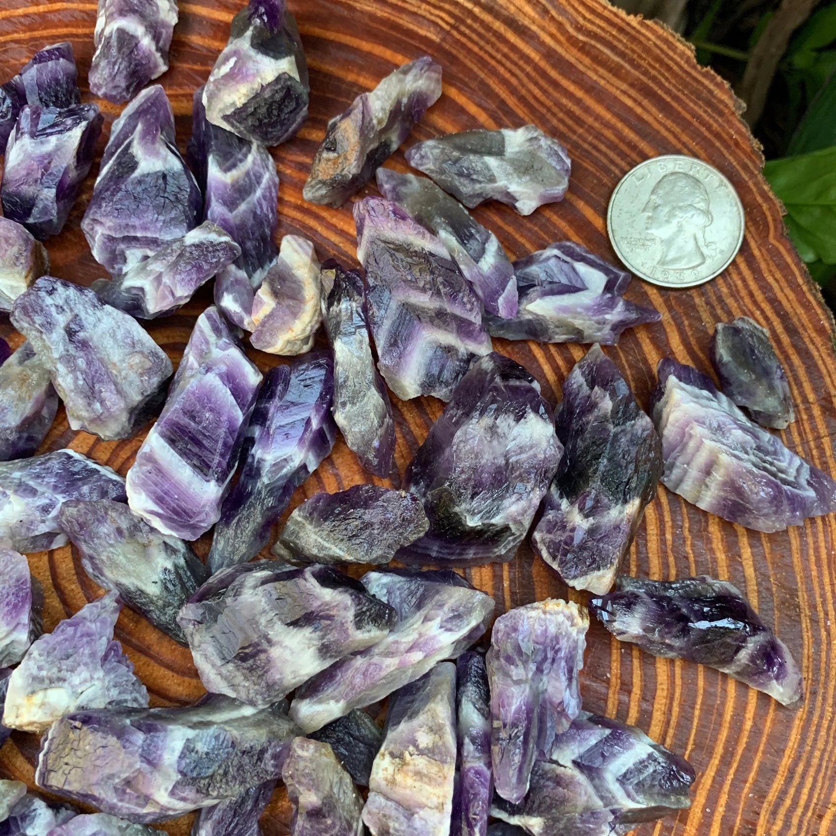 Top angle of Grade AA Chevron Amethyst raw stone, turned to for Intuition, showing characteristic patterning.