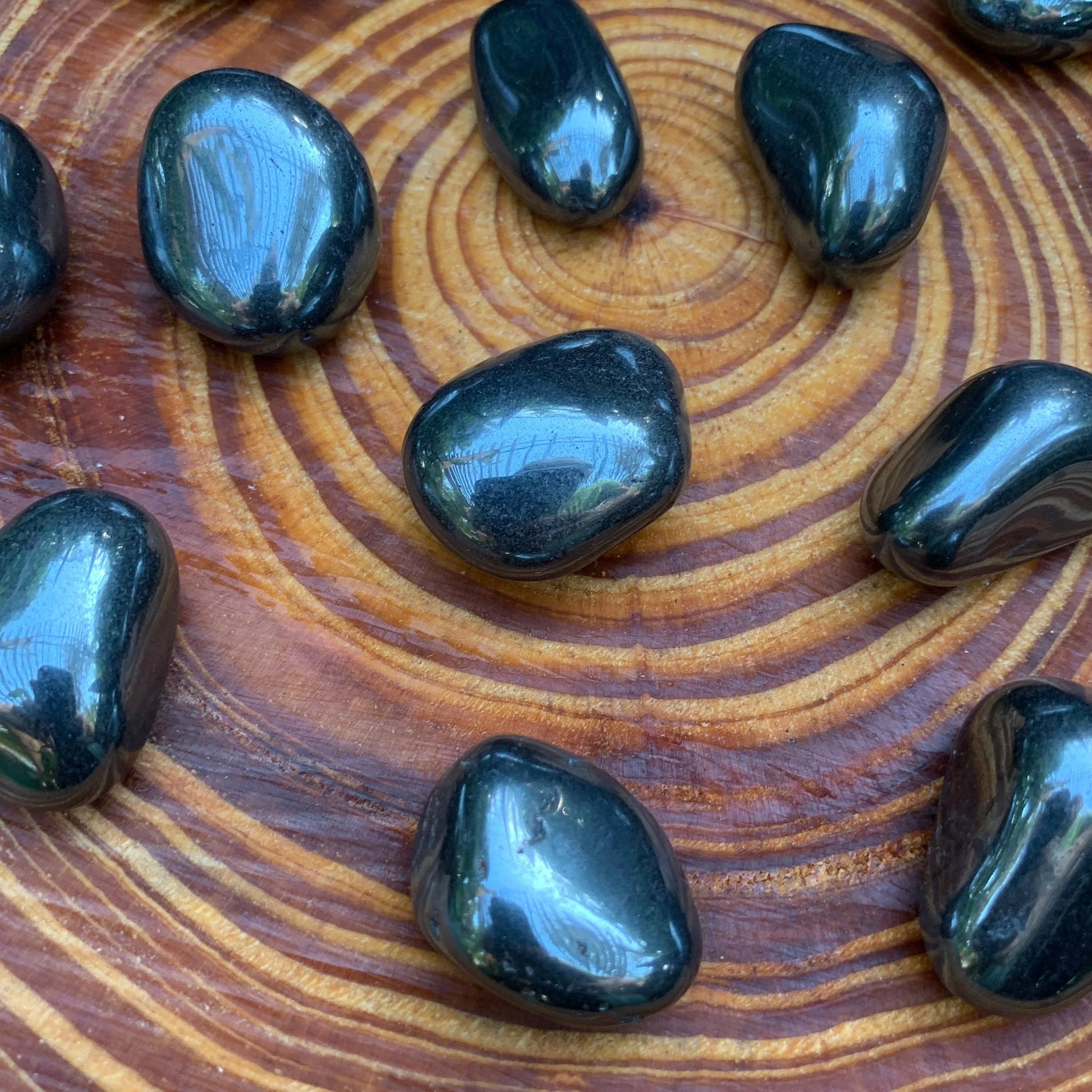 Full profile of Grade AA Hematite tumbled stone ready to ship from Beyond Bohemian