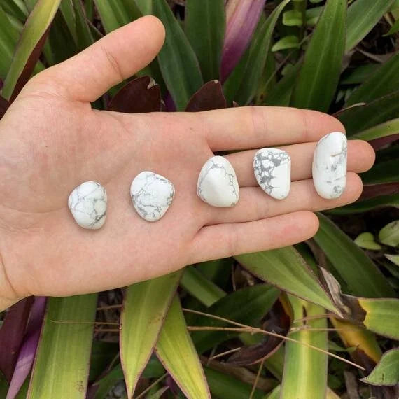Detail shot of Grade AA Howlite tumbled stone under natural light