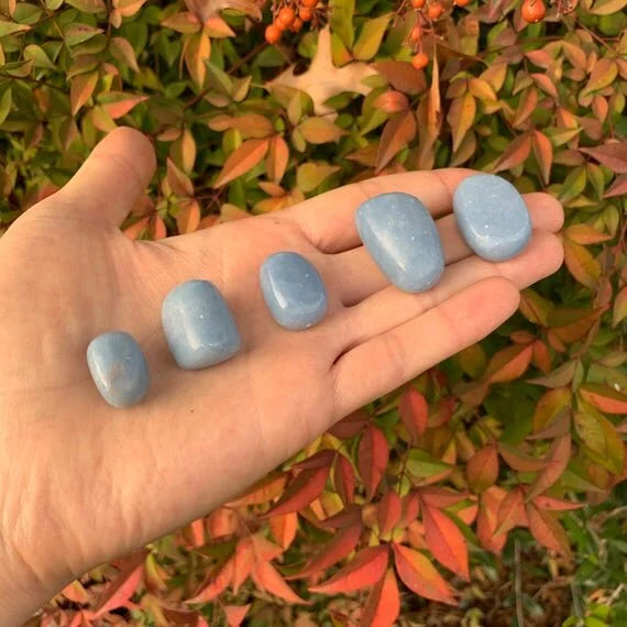 Display context of Angelite tumbled stone, from Huarochirí, Peru, traditionally used for Stress Relief, captured in natural daylight.