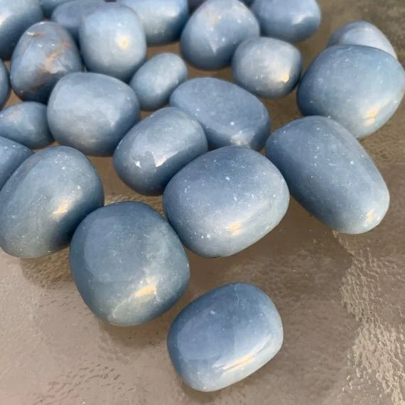 Full profile of Grade A Angelite tumbled stone ready to ship from Beyond Bohemian