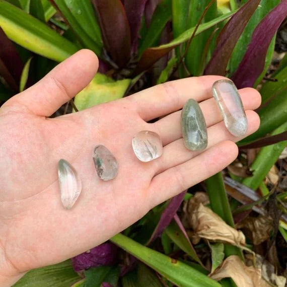Polished Lodolite pieces showing landscape-like mineral inclusions inside clear quartz, Brazilian origin
