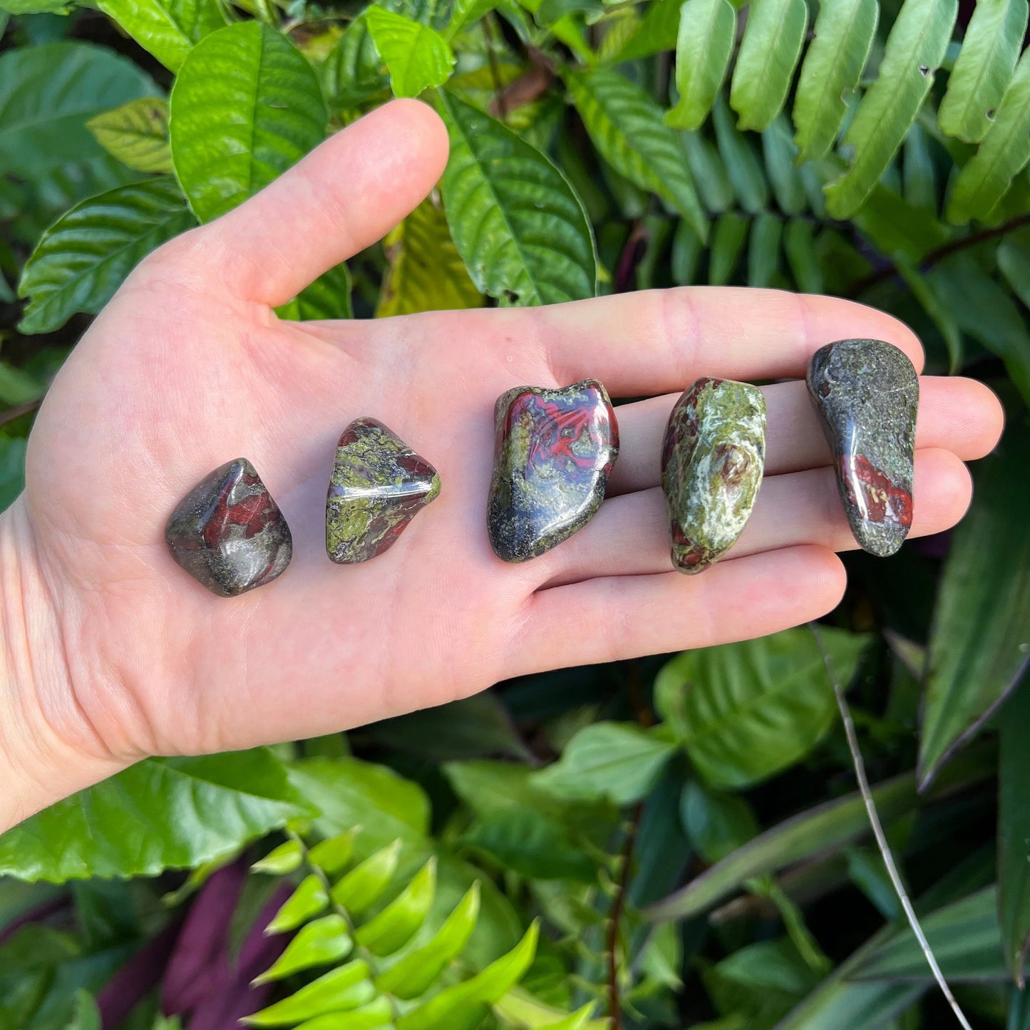 Full profile of Grade AA Dragon Bloodstone tumbled stone ready to ship from Beyond Bohemian